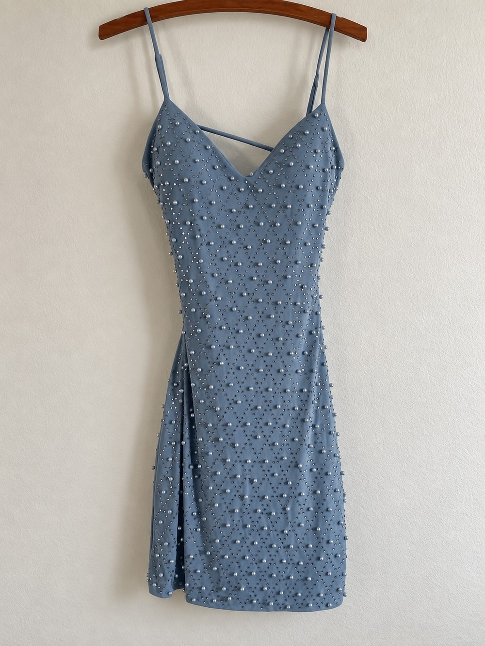 Dusty Blue Pearl Rhinestone Mini Dress Cutout Party Formal Dress Homecoming - Picture 2 of 7